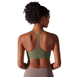 Olive green Y-back yoga sports bra for women featuring slim straps and a matte finish