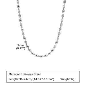 Detail view of 3mm silver stainless steel bead necklace with size and weight specifications