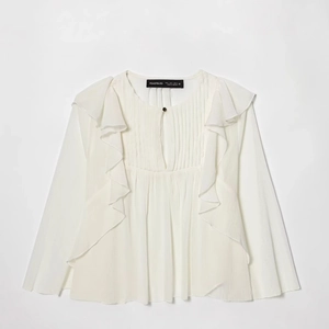 Elegant white ruffle layered crepe blouse for women featuring long sleeves and loose fit