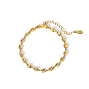 18K gold plated stainless steel coffee bean link bracelet on white background
