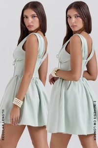 Detail view comparing the regular length and 5cm longer version of this V-neck mini dress