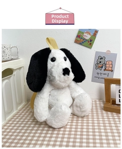 Detail of cute plush dog backpack with soft white fur and contrasting yellow straps