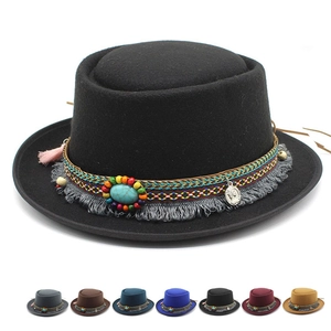 Bohemian Ethnic Woolen Felt Fedora Hat Vintage Turquoise Bead Tassel Wide Brim Flat Top Pork Pie Hat For Men Women Outdoor