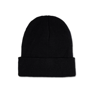 Close-up of black ribbed knit beanie featuring a classic cuffed design and fine texture