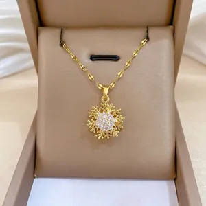 Snowflake Spinner Pendant Necklace Stainless Steel Chain Copper Zircon Micro Pave Gold Elegant Jewelry For Women