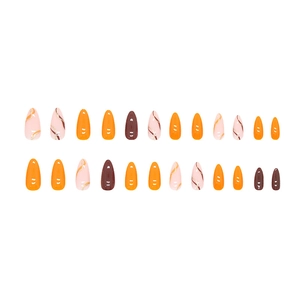 24pcs long almond press-on nails set in bright orange and dark marble patterns