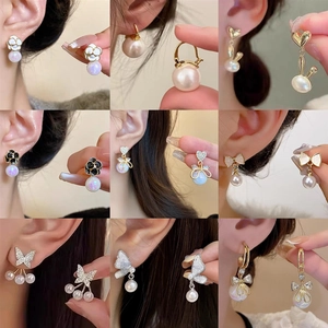 Artificial Pearl Drop Earrings For Women Heart Butterfly Camellia Flower Bow Vintage Elegant Alloy Rhinestone Studs Jewelry