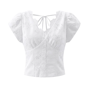 Damen Elegante V Ausschnitt Spitze Stickerei Bluse Hohl Aus Puffärmeln Rückenreißverschluss Mode Weißes Kurzarm Oberteil