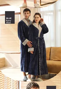 Detail of navy blue flannel robe with plush gray cuffs and cozy long wrap design