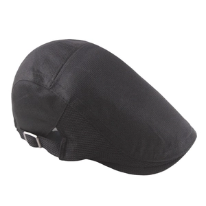 Detail view of black breathable mesh flat cap with adjustable silver metal side buckle