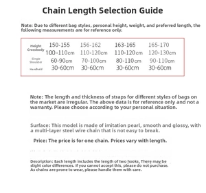 Size chart for pearl chain straps showing shoulder and crossbody length guide by height