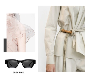 Collage showing black square frame sunglasses paired with beige outfits and pink chiffon