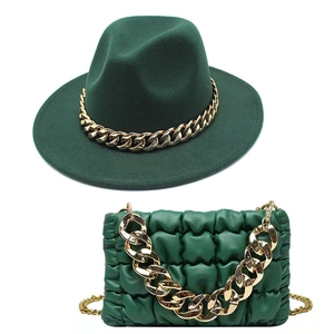 Dark green fedora hat and matching quilted chain bag set with gold links for women