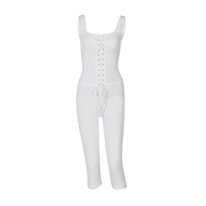 White ribbed knit two-piece set featuring a lace-up tank top and matching trousers