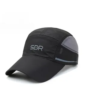 Detailed view of SDR brand breathable mesh on black and grey quick-dry running cap