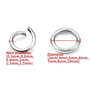 Polished stainless steel open and closed jump rings for jewelry making with size chart