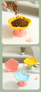 Detail of raised ceramic flower cat bowl with polished glaze in vibrant candy colors