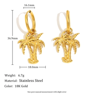 18K gold plated stainless steel coconut tree drop earrings with detailed measurements