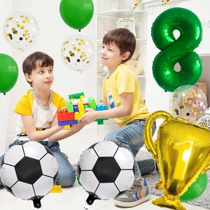 Soccer themed 8th birthday party balloon set with golden trophy and number 8 balloon