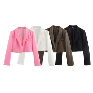 Slim fit cropped women blazer in pink, white, brown and black colors with lapel collar