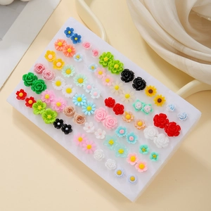 36-pair colorful flower stud earring set featuring resin rose and daisy designs