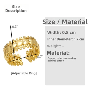 Detail view of gold heart ring with dimensions, 0.8cm width and cubic zirconia inlay