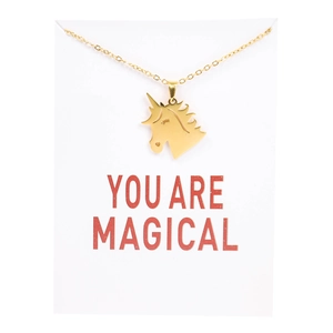Detail of a golden unicorn pendant necklace displayed on a You Are Magical gift card
