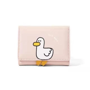 Pink short tri-fold wallet for women with cute white duck and lucky duck print