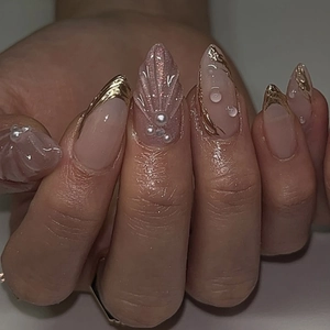 Faux Ongles À Coller Rose Nude Effet 3D Gouttelette Texture Coquillage Künstliche Perle Cat Eye Style Français Amande Pour Femmes