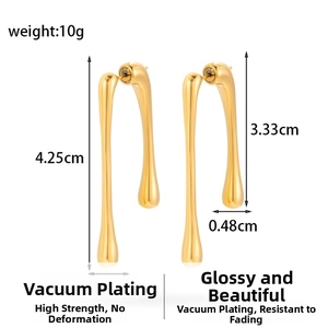 Detail of gold liquid metal irregular earrings showing vacuum plating and dimensions