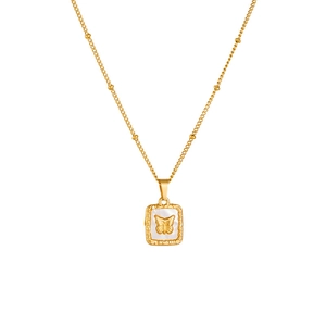 Gold chain necklace with a square white shell pendant featuring a butterfly motif