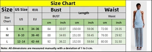 Size chart for halter backless tassel dress showing US EU sizes and cm inch measurements