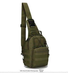 Detail view of military green tactical chest bag with MOLLE webbing and durable fabric