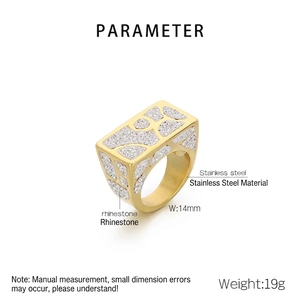 Detail view of 14mm stainless steel ring featuring rectangle rhinestone setting and parameters