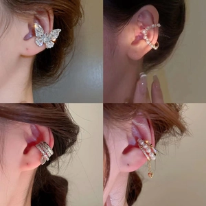 Elegant multi-layered butterfly ear clips with pearls and rhinestones for non-pierced ears