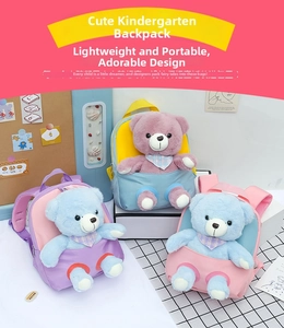 Detailed view of colorful kindergarten backpacks with 3D plush bear dolls and checkered scarves