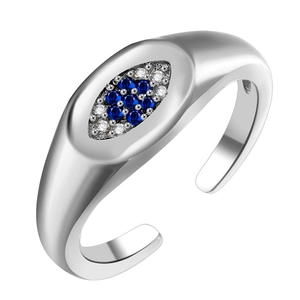 Adjustable silver evil eye ring with blue sapphire zircon in a wide saddle design