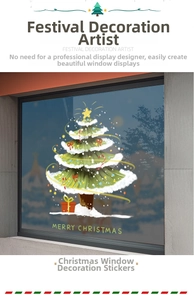 Vue détaillée du sticker de fenêtre Merry Christmas avec sapin et cadeau sur vitre