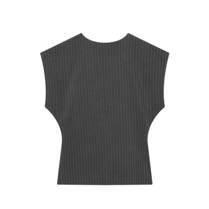 Detailed flat lay of a dark gray sleeveless pinstripe vest top with a round neckline