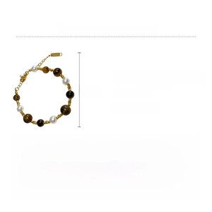 Detail view of pearl and tiger eye stone bracelet with dimensions and weight specs