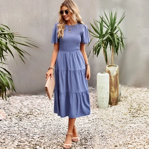 Women Smocked Tiered Midi Dress Short Ruffle Sleeve Crew Neck Solid Color Summer Casual Vacation A-Line Polyester Sundress