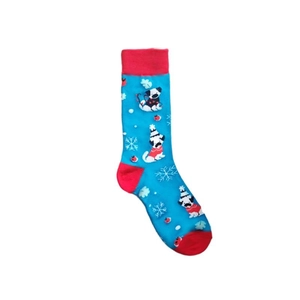 Detailed knit pattern of Christmas socks featuring festive dogs and snowflakes design