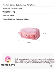 Macro detail of a pink canvas pencil case with transparent window and cartoon pins