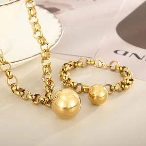 Stainless Steel Necklace And Bracelet Chunky Rolo Chain Large Polished Sphere Pendant Modern Minimalist Women