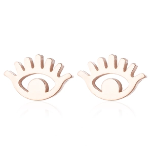 Polished rose gold evil eye stud earrings with eyelash design on a white background