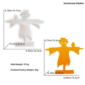 Detailansicht der Vogelscheuche-Silikonform und Harzfigur mit Maßen für Halloween