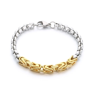 Men's hip-hop Byzantine V-shaped stainless steel bracelet in two-tone gold and silver