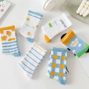Japanese style cute cotton crew socks with colorful striped and floral patterns set