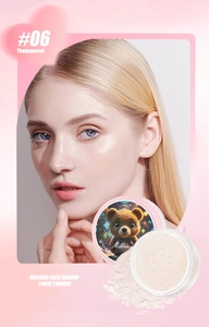 Macro shot of 06 Transparent finishing powder on model skin for a flawless oil-control look