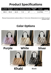 Detailed view of quilted tote bags in multiple colors with sleek metallic nylon finish